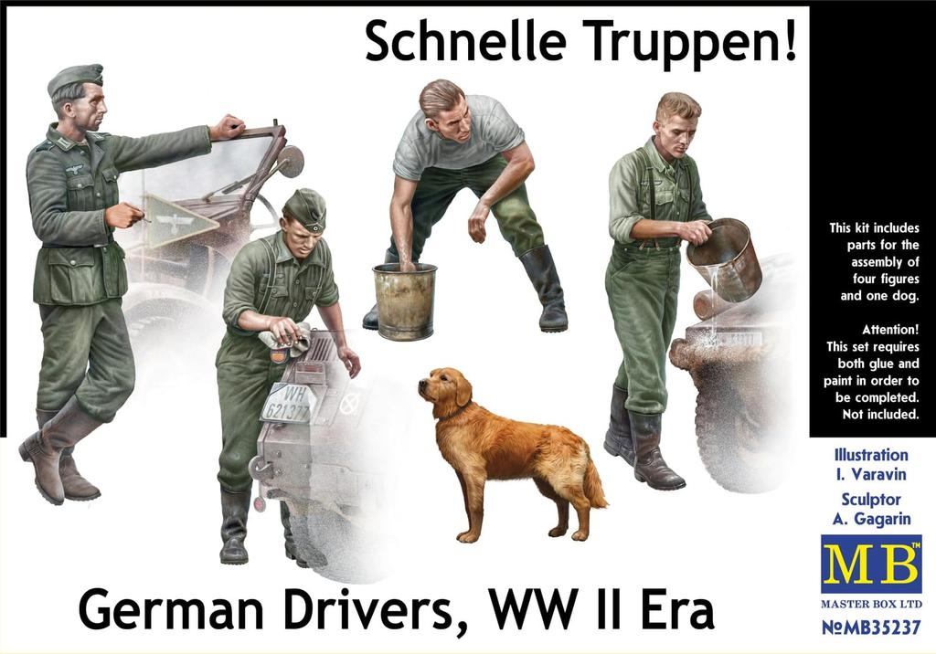 Master Box 1/35 Scale German Military Vehicle Drivers (4 Soldiers and 1 Dog) Fast Troop Plastic Model Kit MB35237