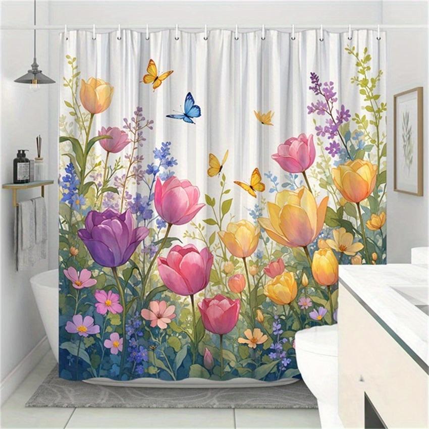 

1pc Tulip Garden Shower Curtain - Vibrant Tulips & Butterflies, Purple Pink Yellow Green, 12 Hooks, Bathroom Decor W90XH180cm