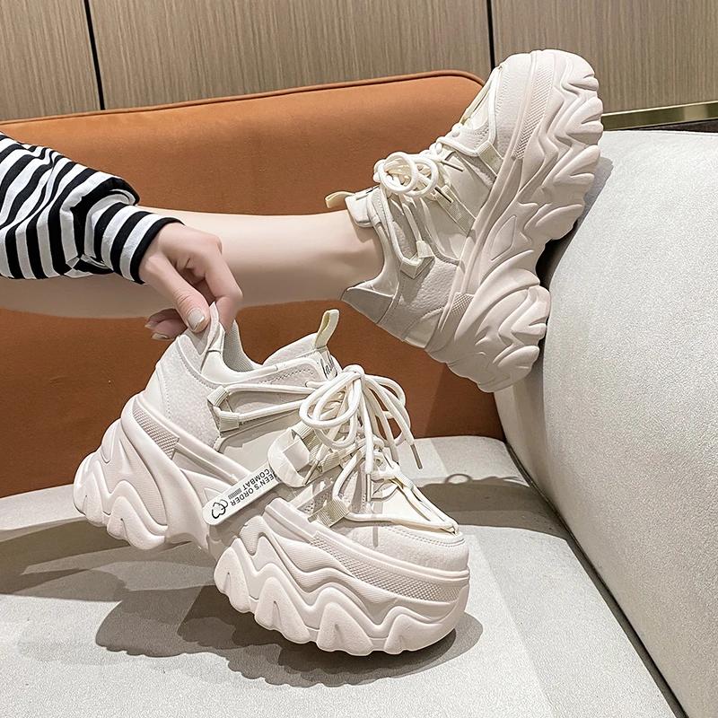 Mode Neue Frauen Frühling Herbst Chunky Turnschuhe 8CM Dicken Boden Leder Schuhe Hohe Plattform Vulkanisieren Rot Schuhe Casual Sport schuhe