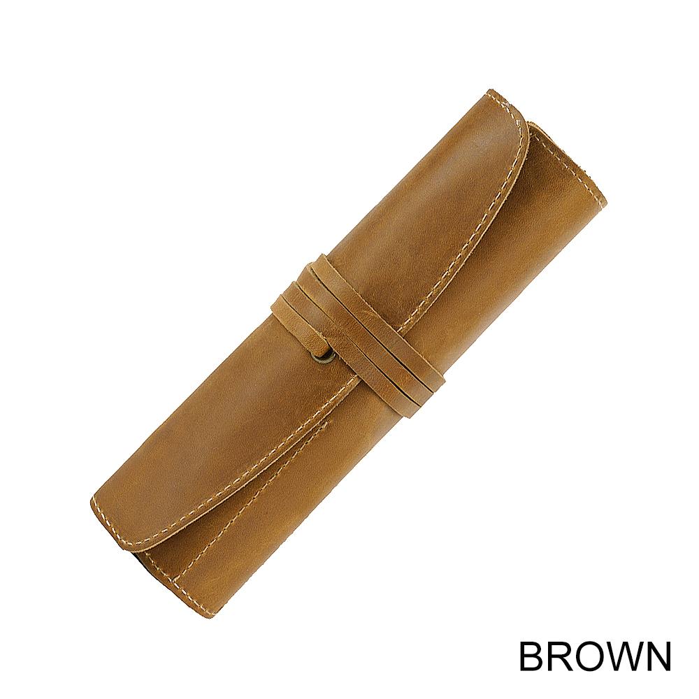 Vintage Genuine First Layer Cowhide Buckle Closure Minimalist Literary Pencil Bag Multifunctional Roll Leather Pen Pouch for