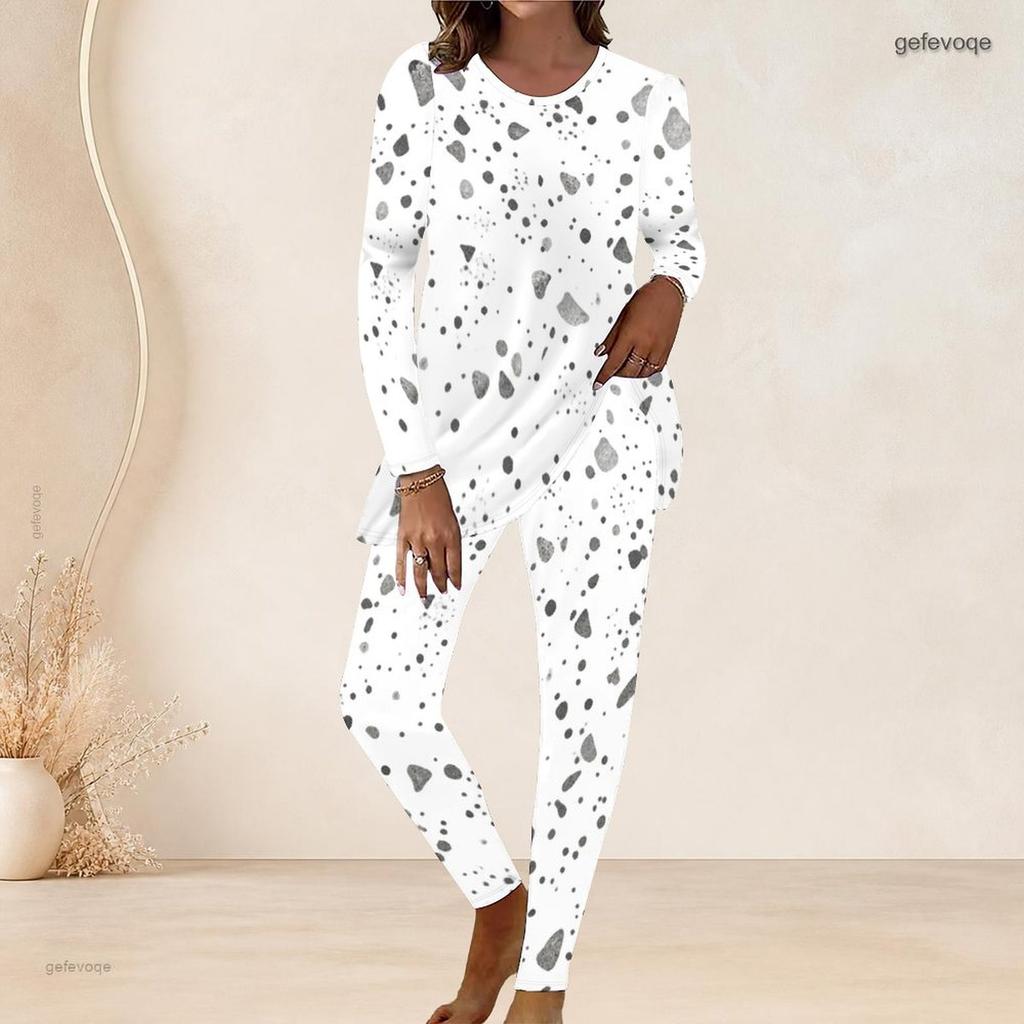 Women Plus Size Abstract Printed Two Piece Pants Set Round Neck Long Sleeve Longline Top Fitted Pants