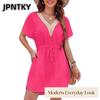 JPNTKY Abiti Casual da Donna Moda Estate Primavera Colore Unico Stampa Scollo a V Manica Corta