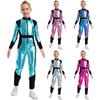 Kids Long Sleeve High Waist Shiny Metallic Zipper Jumpsuit Halloween Alien Cosplay Costume Athletic Bodysuit