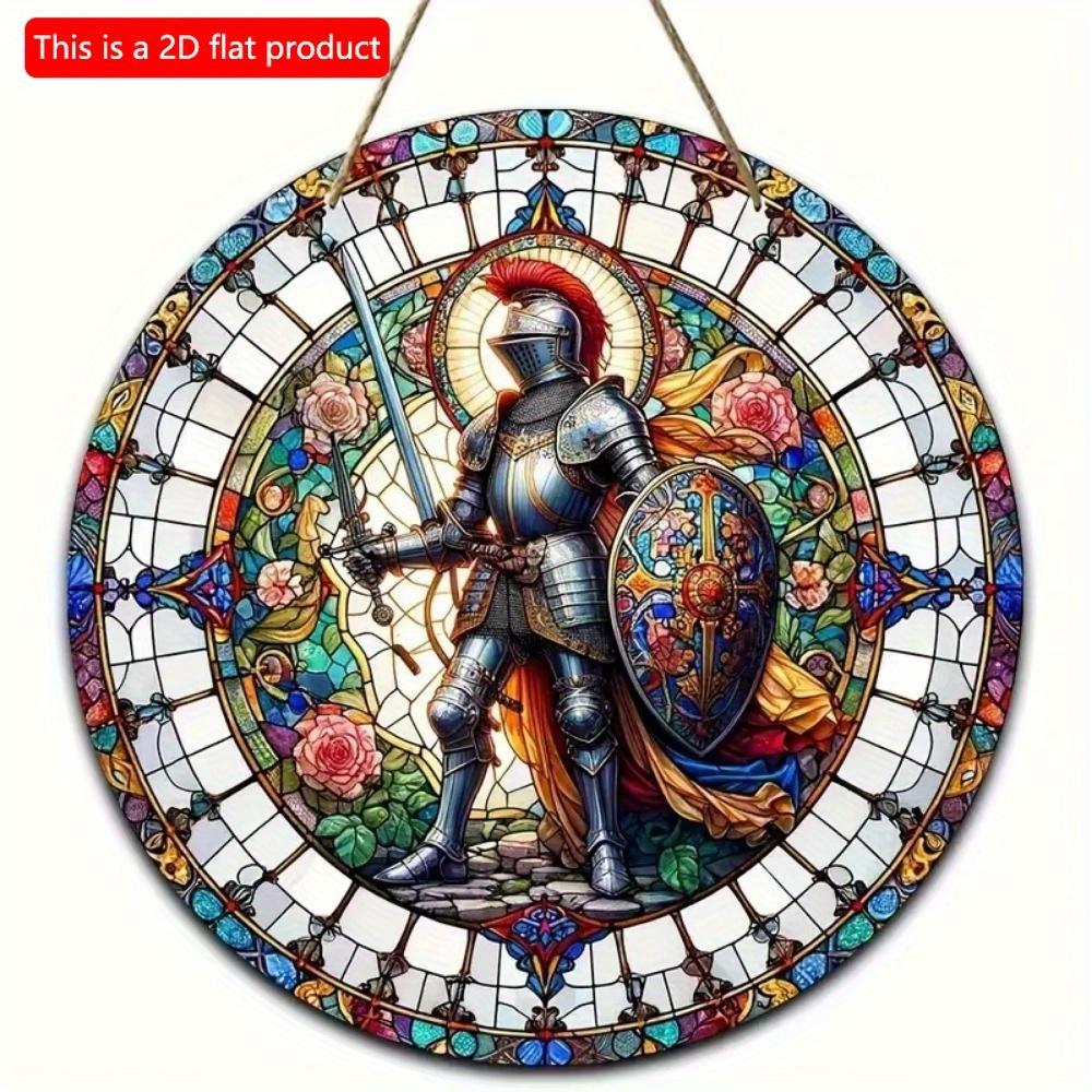 1 Stück 2D Flaches Vintage Mittelalterlicher Ritter Kunst Schild - 20cm Rund Holz, Bar Café Veranda Wohnzimmer Schlafzimmer Heimdeko, Rustikaler Stil Kreative Wanddeko