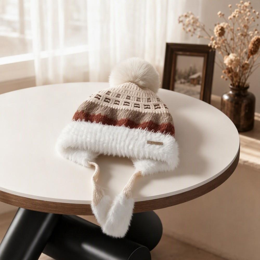 Pom Pom Ear Flap Hat Face Slimming Thick Plush Lined Hat Fair Isle Knitted Hat Outdoor Activities