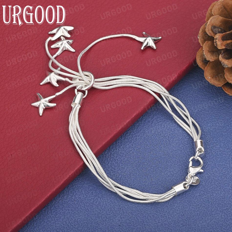 925 Sterling Silver Five Solid Starfish Chain Bracelet Fashion Wedding Jewelry