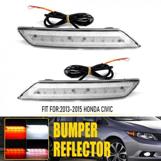 Clear Len Rear Bumper Reflector LED Brake Lights Fit 2013-2015 Honda Civic Sedan