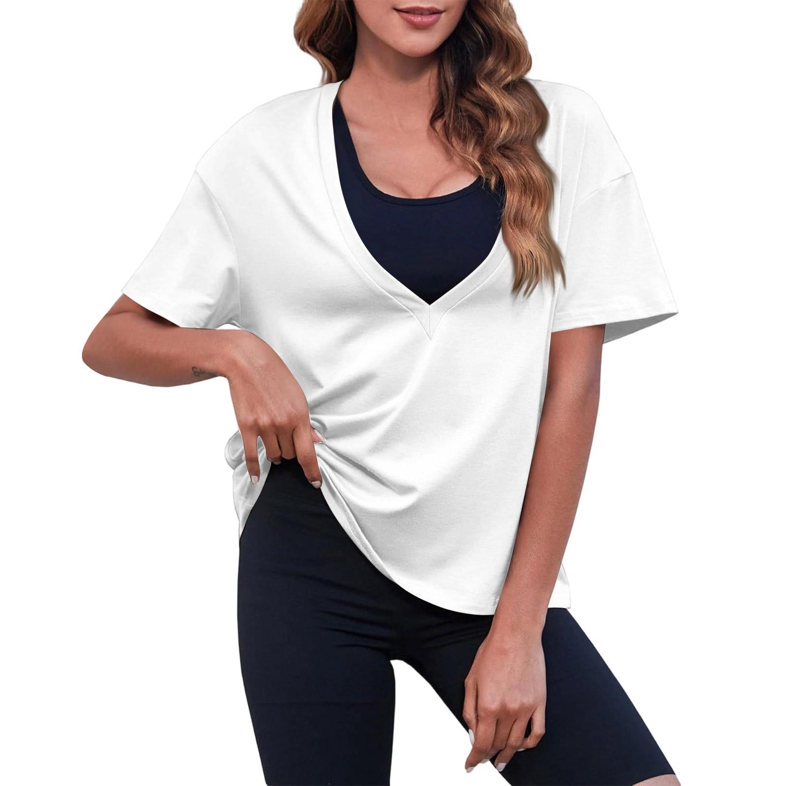 

Women Deep V Neck Short Sleeve Loose Fit T Shirt Casual Lightweight Pullover Top for Daily Wear and Leisure Outfits XL білий