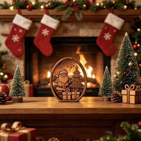 Desktop Standing Xmas Ornaments 3Pcs Christmas Santa Claus And Tree Ornaments, Wooden Oval Table Tiered Tray Holiday Displays Centerpiece, Solid Wood