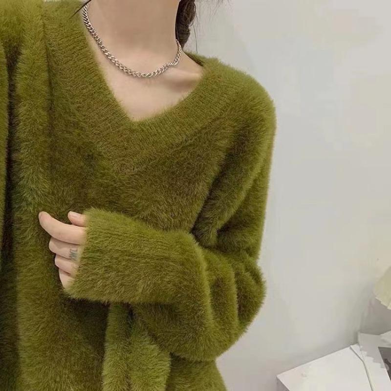 

Вязаный свитер из имитации норки, утолщенный, с V-образным вырезом, большого размера, женская одежда, для полных, мм, новый, осенне-зимний, свободный, в ленивом стиле, трикотажная базовая рубашка One Size