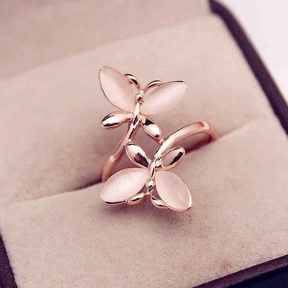 Rose Gold Color Butterfly Finger Ring for Female Romantic Bridal Wedding Ceremony Party Accessories Women Fashion Jewelry