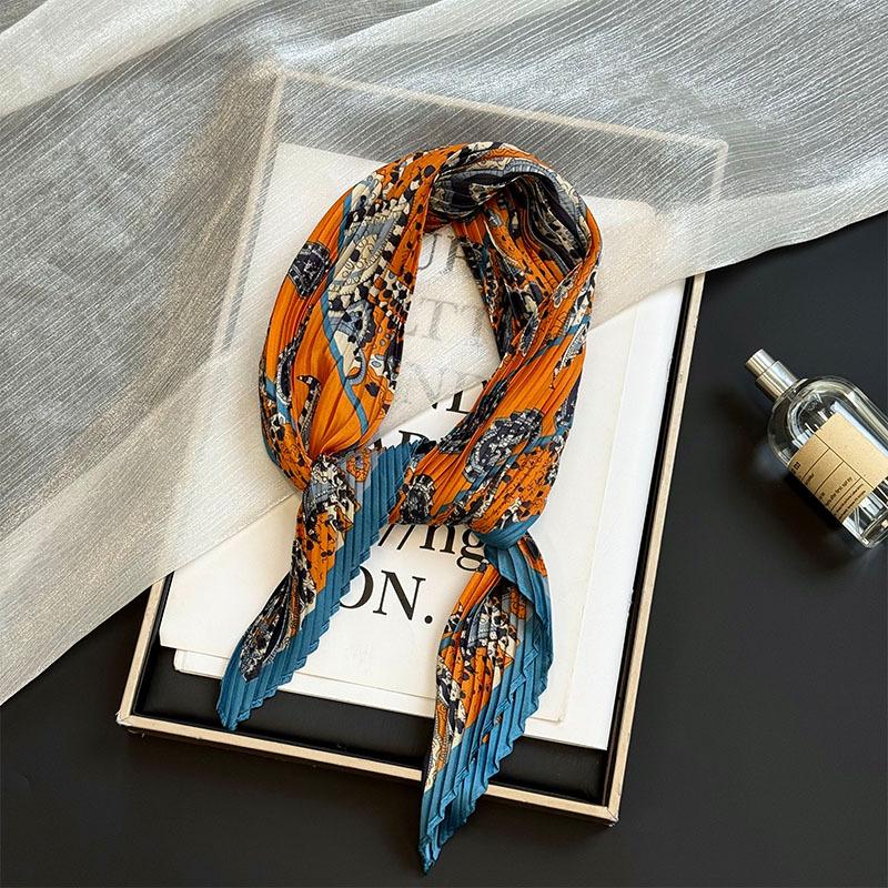 Wrinkled square scarf women's new imitation silk printing silk scarf high-end headscarf headband pleated small scarf shawl