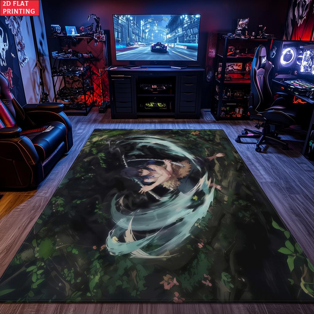 Anime Swordsman Area Rug, Jungle Water Wave Theme Floor Mat, Decorative Carpet for Gaming Room Bedroom, Washable Home Decor Gift