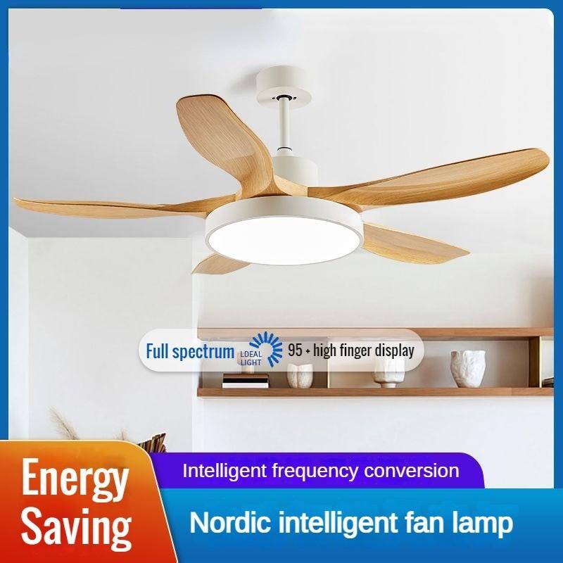 42/52/60-inch Full Spectrum Restaurant Fan Light Variable Frequency Household LED Electric Ceiling Fan Light Nordic Big Five Leaf Ceiling Fan Lamp