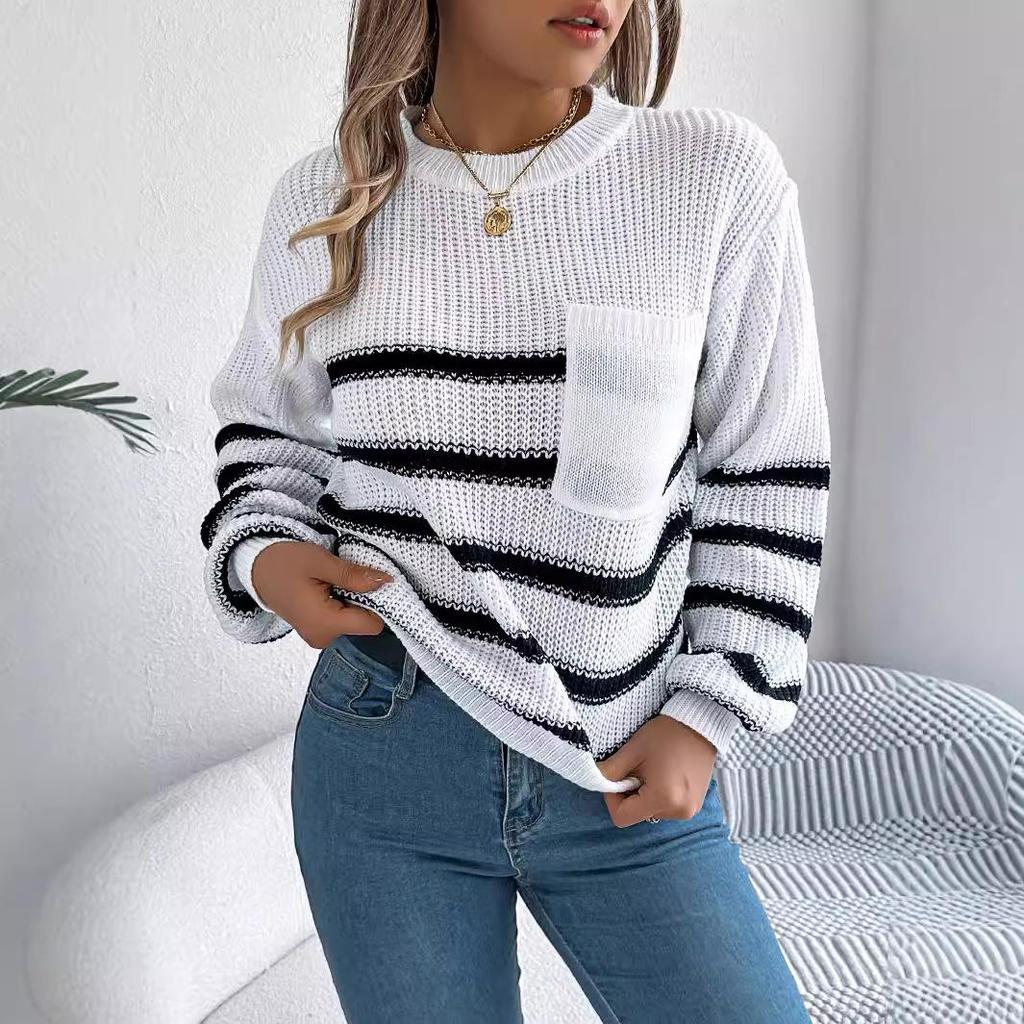 Women's Knitted Jumper Crew Neck Long Sleeve Pullover Sweater Loose Striped Knitwear Tops