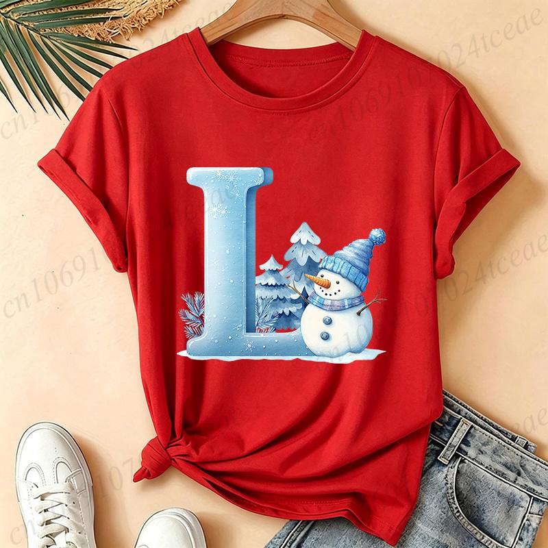 Christmas Snowman Alphabet T-Shirt Women Blue Ice Alphabet Graphic Tees Christmas Holiday Casual Red Short Sleeve Unisex Tops