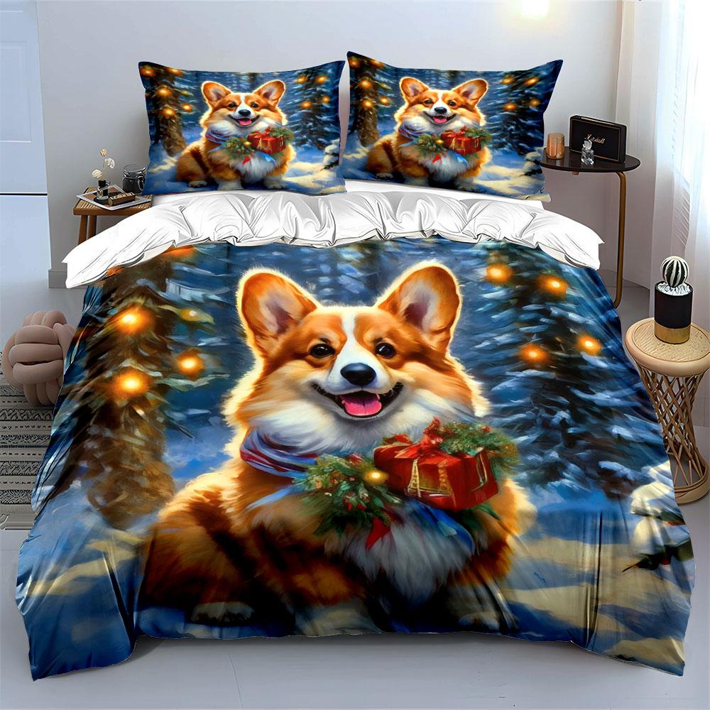 Festive Corgi in Snow Scene Bedding Duvet Cover Set (1*Duvet Cover 2*Pillowcases, without duvet insert)