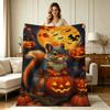 Soft Warm Flannel Blanket Halloween Squirrel Pumpkin Moon Bat Print All Season Blanket for Sofa Couch Bedroom Living Room Home Decor