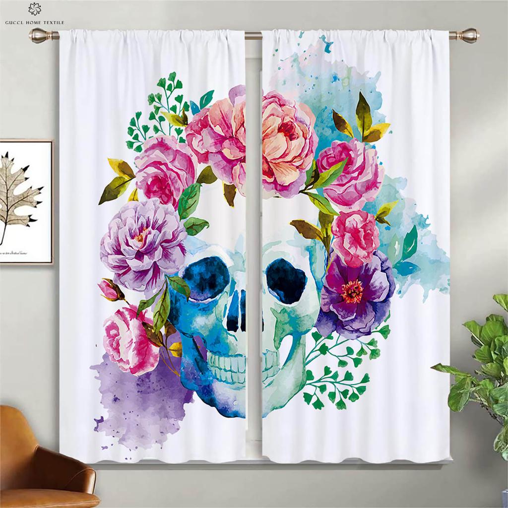 Skull Stealing Floral Creative Print Curtains, Suitable for Living Room, Dining Room, Study Room, Halloween Decoration