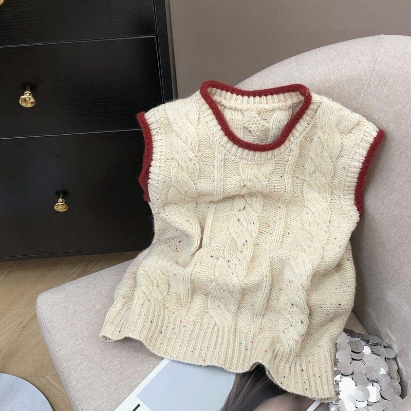 Color Block Round Neck Fried Dough Twists Pattern Knitted Vest for Women Autumn and Winter Loose Knitted Vest