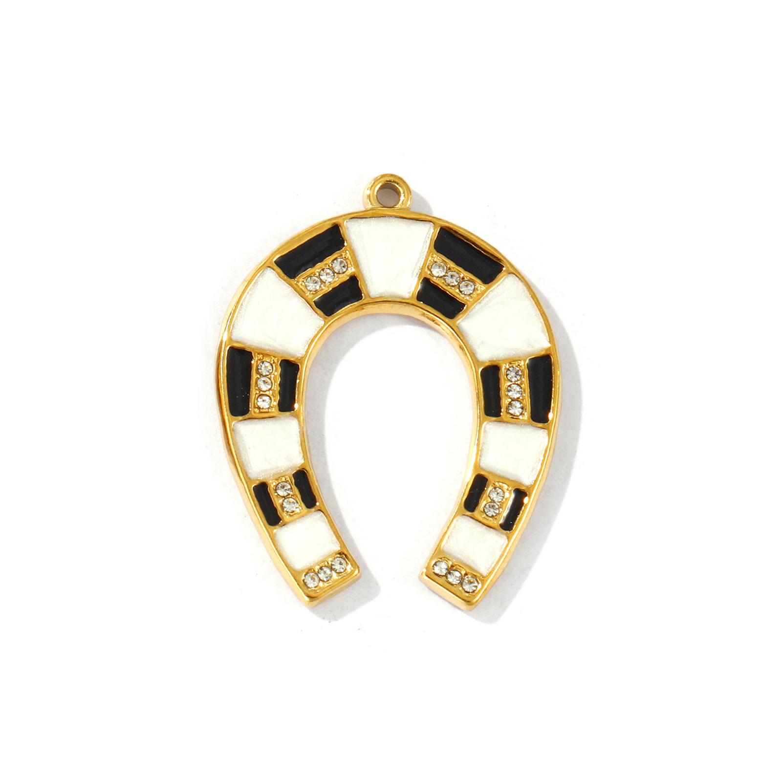 

2 PCs West Cowboy Pendants Enamel Luck Horseshoe Clear Rhinestone 304 Stainless Steel 18K Gold Plated Charms DIY 3.5cm x 2.8cm чорний