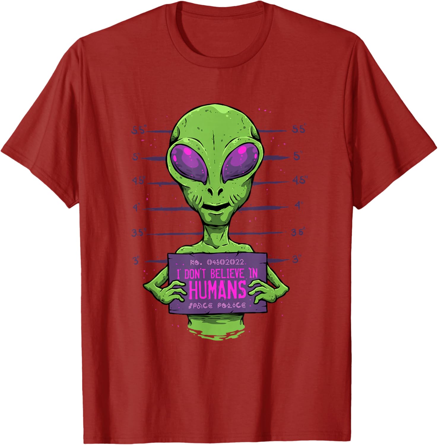 I Don t Believe In Humans Alien Mugshot Graphic Tee Funny Sci Fi UFO Fan Casual Short Sleeve T-Shirt S