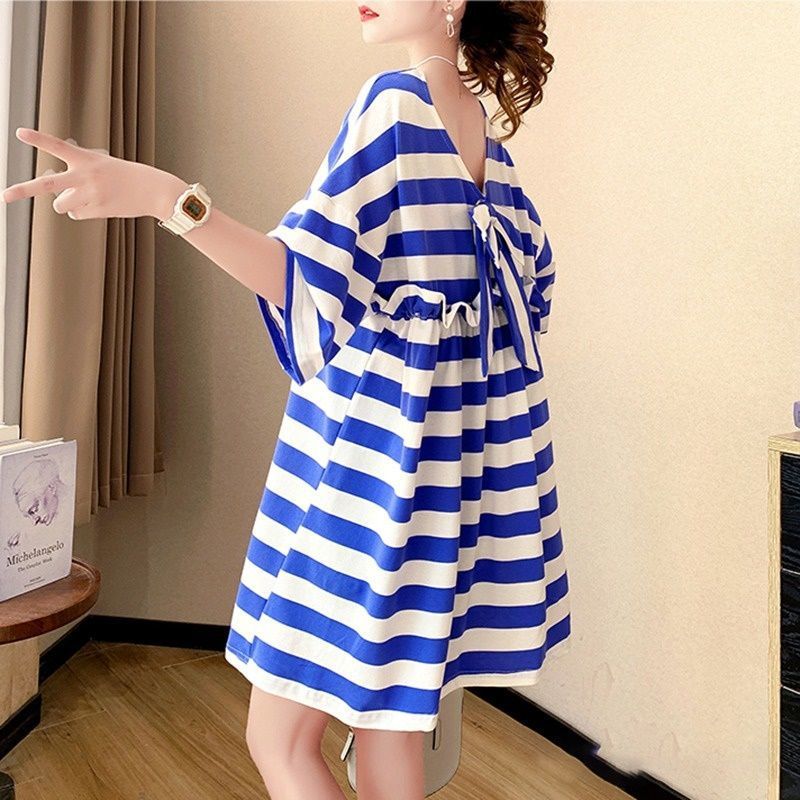 Fashion O Neck Loose Striped Ruffles Bow Backless T Shirt Clothing Summer Oversized Korean Casual Tee Shirt