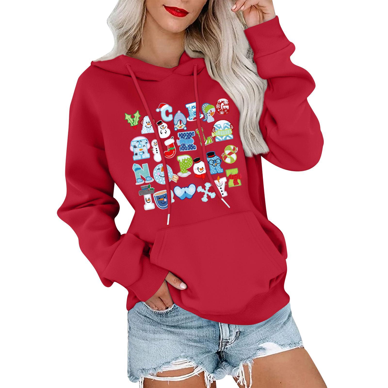 

Женский модный, расслабленный и удобный свитер с круглым вырезом и капюшоном, с длинными рукавами и рождественским принтом, теплый свитер S красный