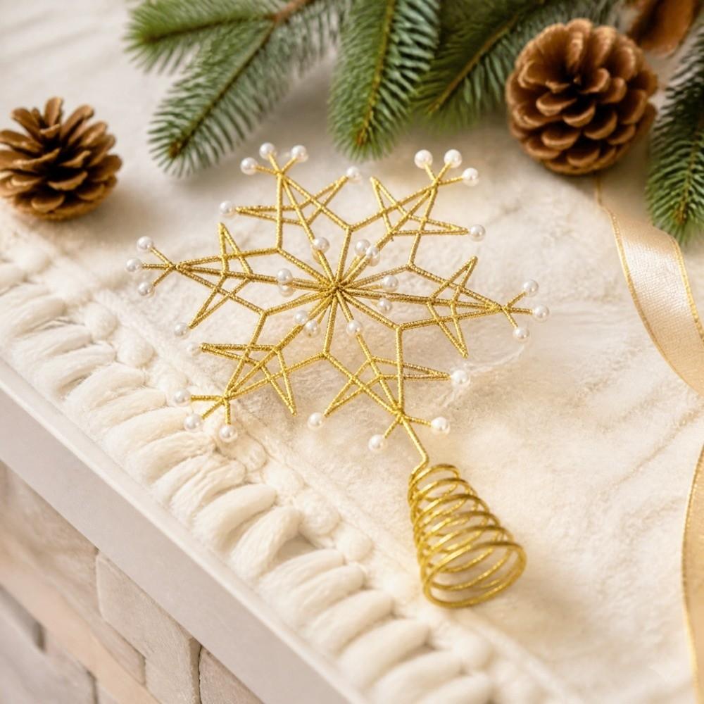Iron Snowflake Tree Topper Pearl Accent Xmas Tree Top Ornament Christmas Scene