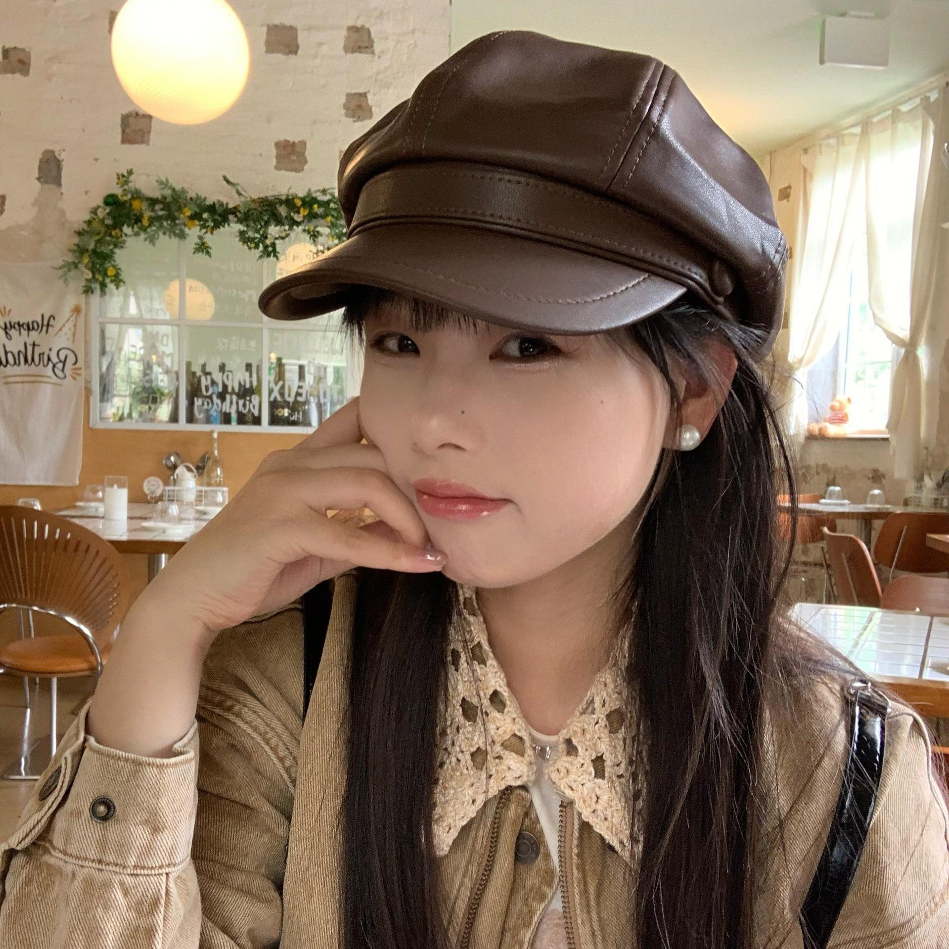 

Восьмиугольная шляпа из искусственной кожи Осень и Зима Ретро Берет Британский стиль Универсальная Подчеркивающая лицо Шляпа для маленькой девочки One Size