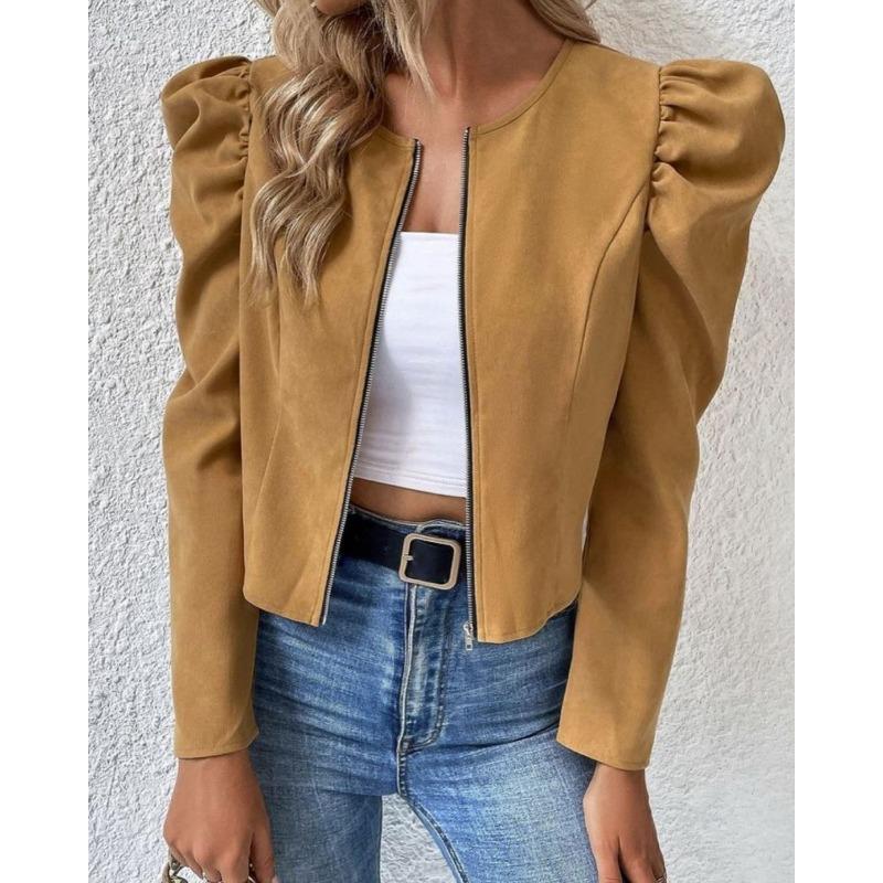 New Spring Autumn European American Solid Color Round Neck Zipper Puff Long Sleeve Jacket for Women
