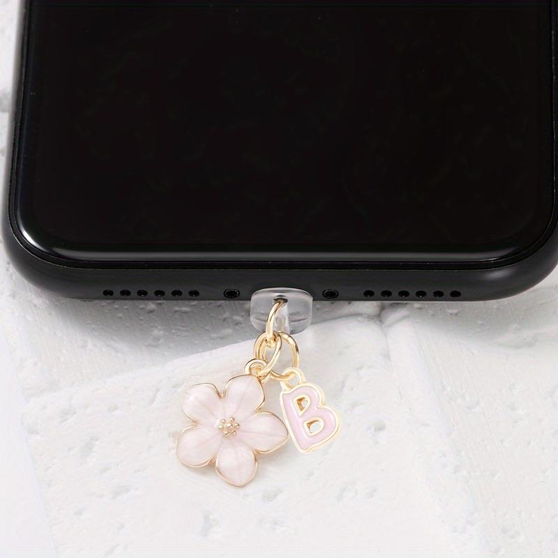 Fashionable Pink Flower Letter Phone Dust Plug, Exquisite A-Z Letter Alloy Pendant, Suitable As a Birthday Gift for Women