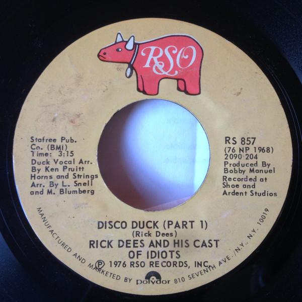

7-дюймовая пластинка RICK DEES HIS CAST OF IDIOTS Disco Duck PS857 RSO 1976 SoulFunk Б/у