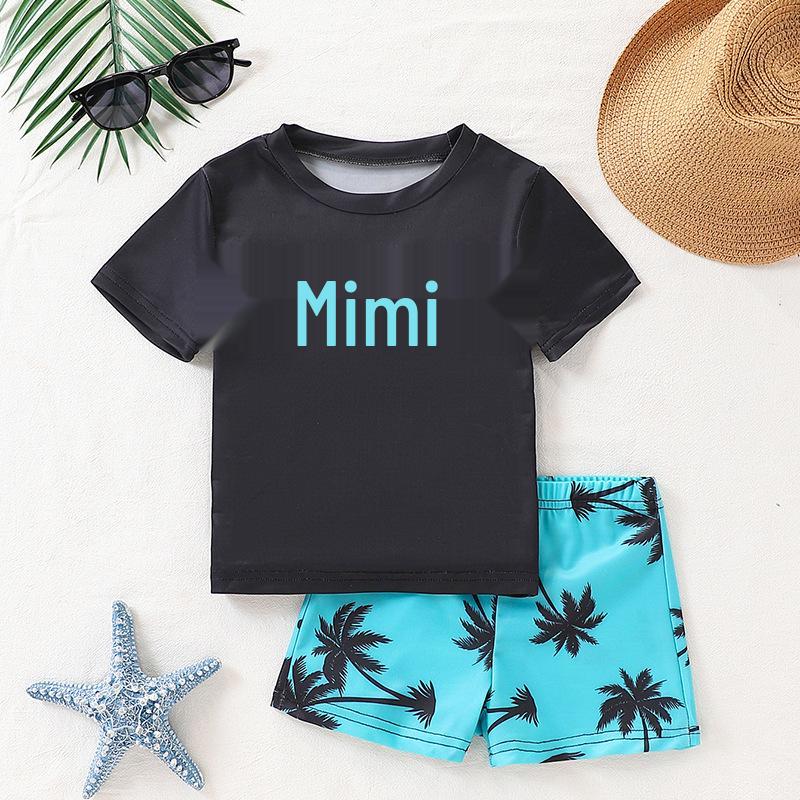 

Summer Boys Two-Piece Set: Solid T-Shirt & Plant Print Shorts 130cm