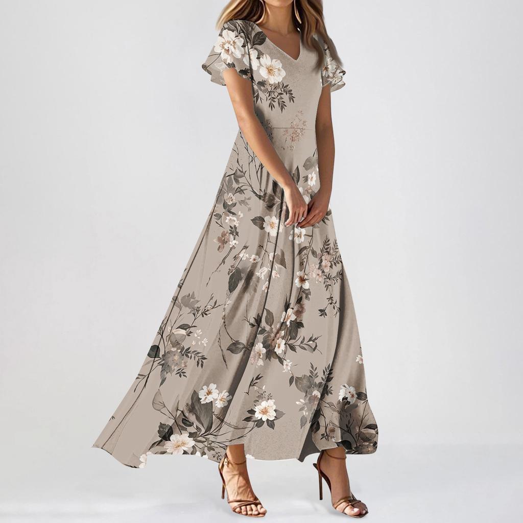Women Casual Floral Print Maxi Dress V Neck Short Sleeve Lightweight Long Dress with Flowing Skirt for Everyday Wear
