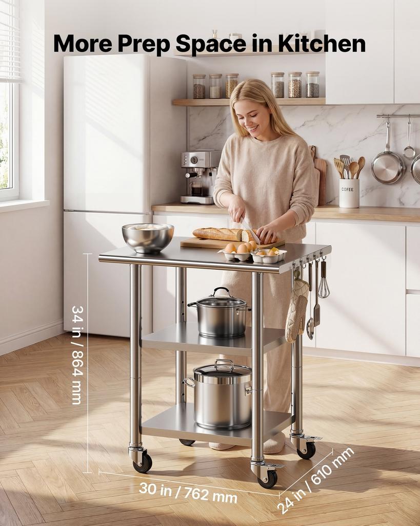 Stainless Steel Work Table, 61x76 Cm Food Prep Table with 2 Shelves and Wheels, Commercial Kitchen Workstation, Metal Heavy Duty Utility Worktable,