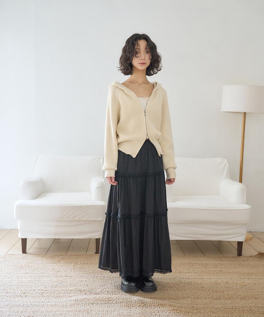The Green Lab Tassel Frill Tiered Long Skirt [Black]