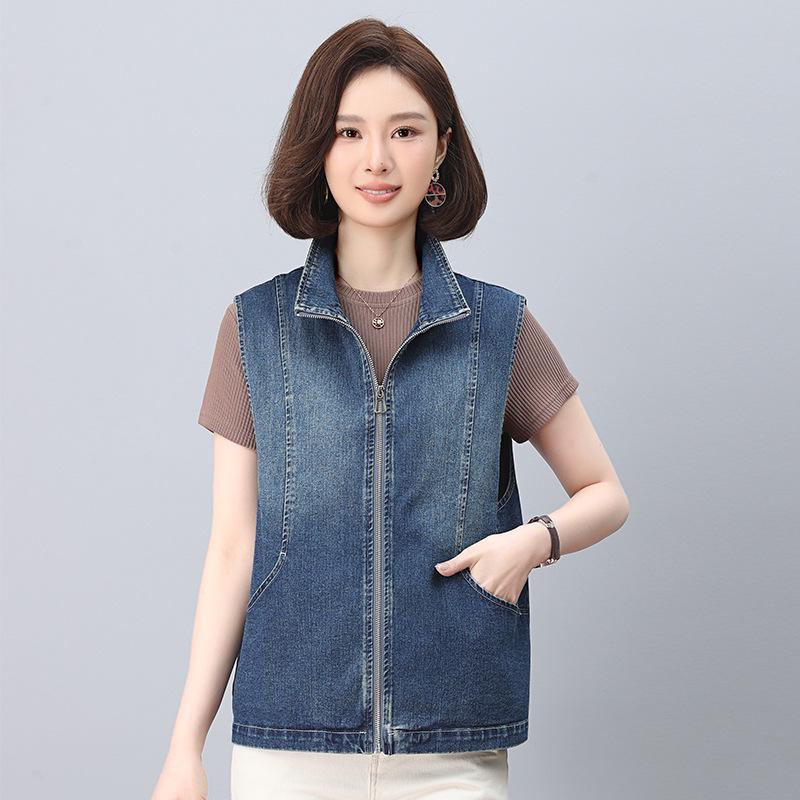 Women's Spring/Autumn 2025 European Style Denim Vest - High-End Casual Layered Sleeveless Jacket