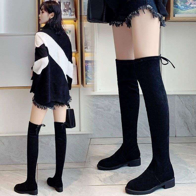 

зимние бархатные ботфорты новые маленькие эластичные тонкие сапоги толстый каблук длинные сапоги высокие сапоги женские 40