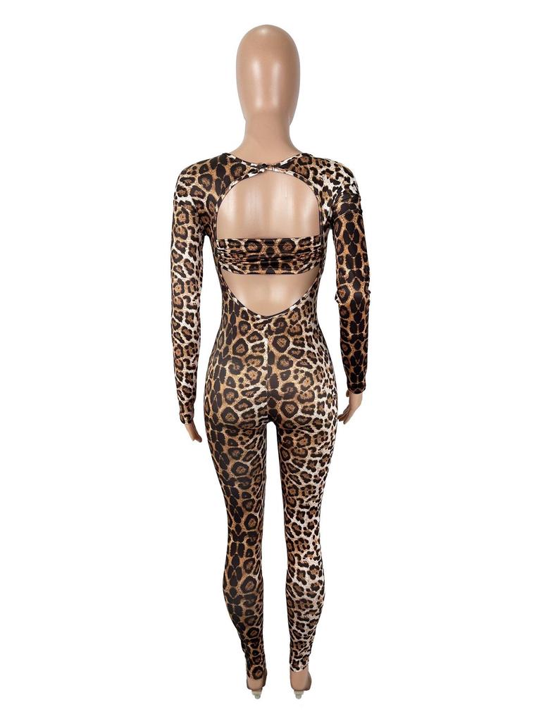 Women's Sexy Leopard Print Long Sleeve High Waist Jumpsuit