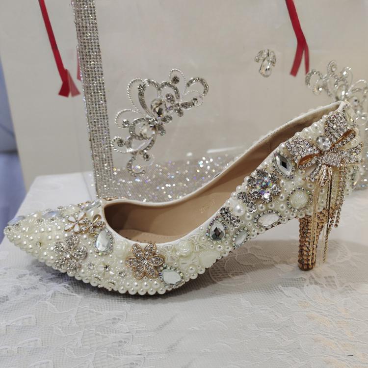 Fashion Luxury Tassel Bow Crystal Rhinestone Wedding Bride's Shoes Fairy Style White Pink Pearl Banquet 5cm 8cm 10cm High-heeled Shoes43