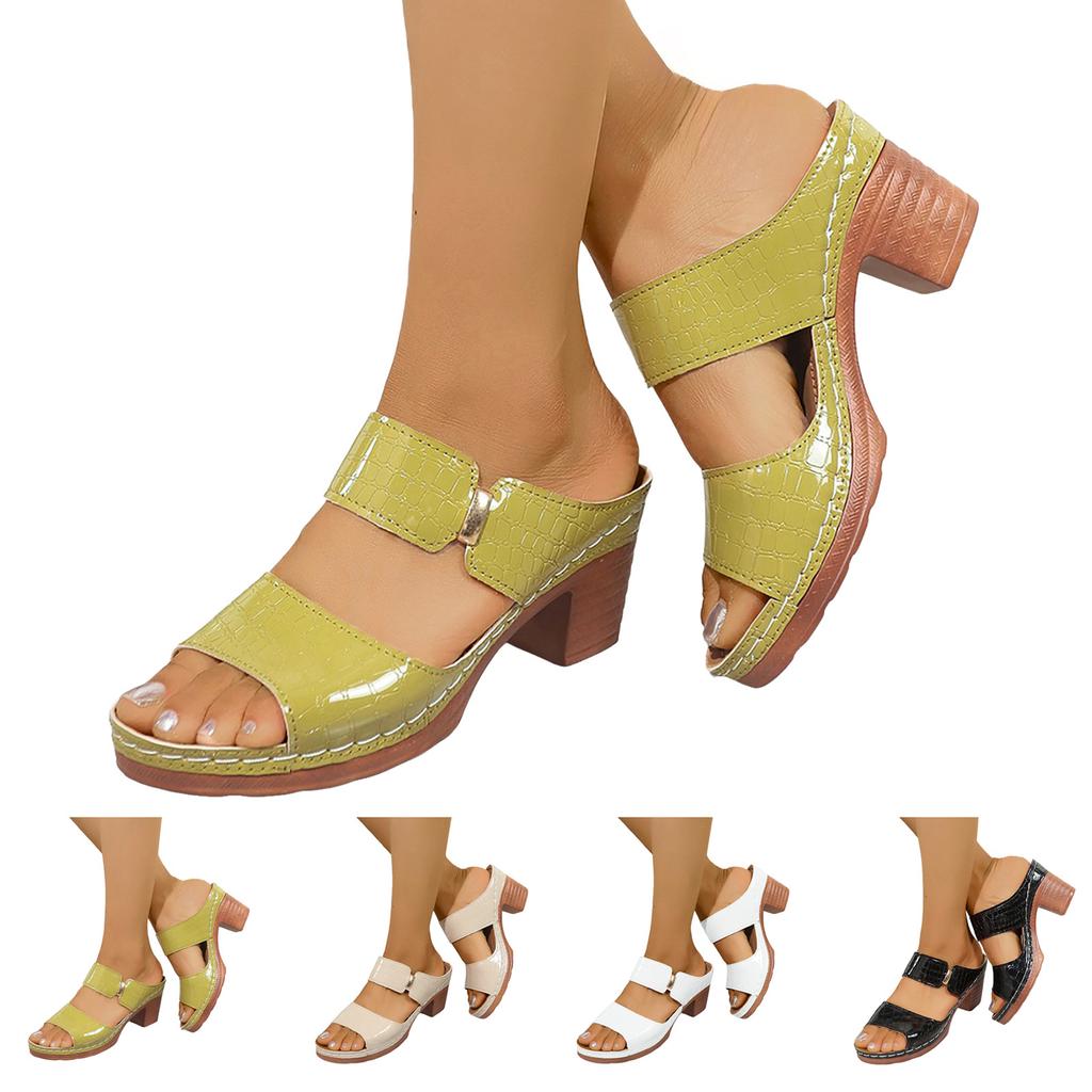 Women'S Patterned Leather Chunky Heel Sandals With Flat Sandals For Women Ladies Summer Dress Sandals Shoes For Women