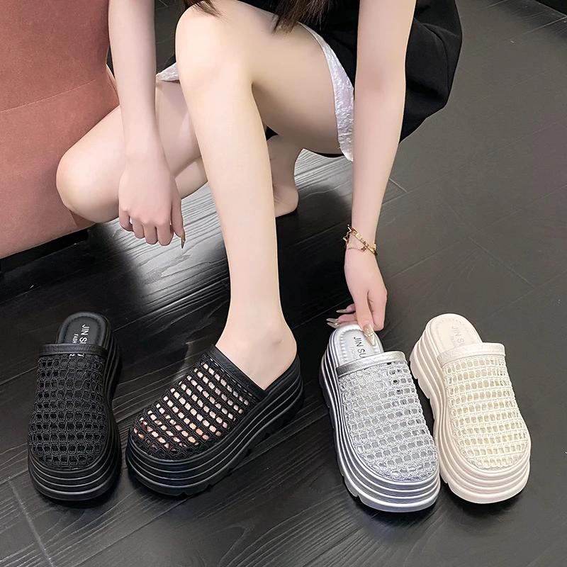 8CM Women High Heels Summer Females Breathable Platform Slippers Chunky Sneakers Wedge Sandals Slides Shoes Zandalias De Mujer