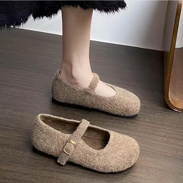 Square Toe Felt Woolen Mary Janes Woman Tabis Flats Cotton Shoes Ladies Winter Strap Buckle Loafers Female Boots Furry Mocasines