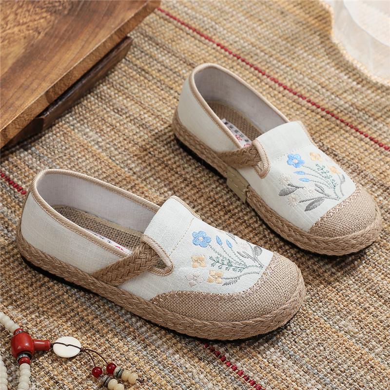 Boho Ethnic Floral Embroidery Canvas Loafers, Hand Stitched Jute Woven Sole Slip On Espadrille, Soft Insole Mother Shoes