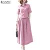 ZANZEA Women Short Sleeve Blouse and Skirts Summer Stripe Two Piece Suit Sets