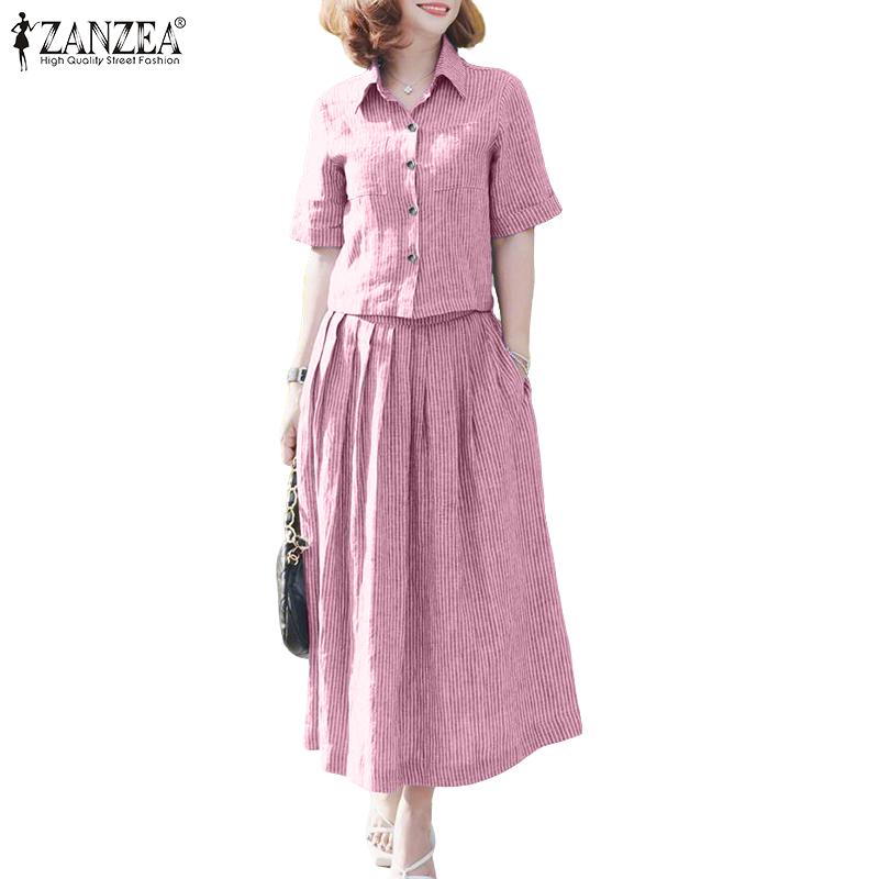 ZANZEA Women Short Sleeve Blouse and Skirts Summer Stripe Two Piece Suit Sets