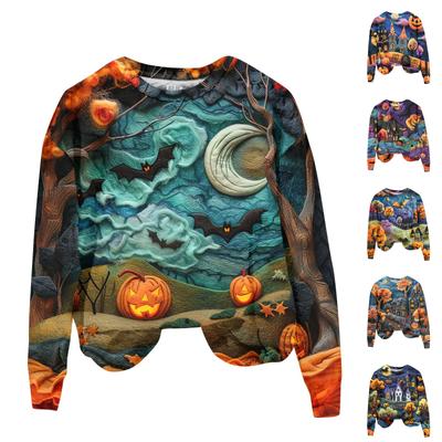 Ladies Fashion Casual Long Sleeve Halloween Printed Round Neck Hoodie Top