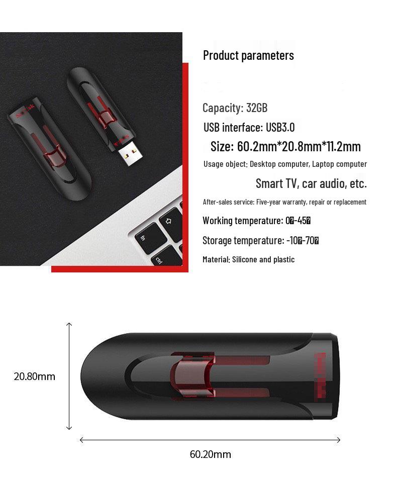 Push-Pull 32GB USB 3.0 Flash Drive, High-Speed 64GB/128GB Storage for Car or Business Use