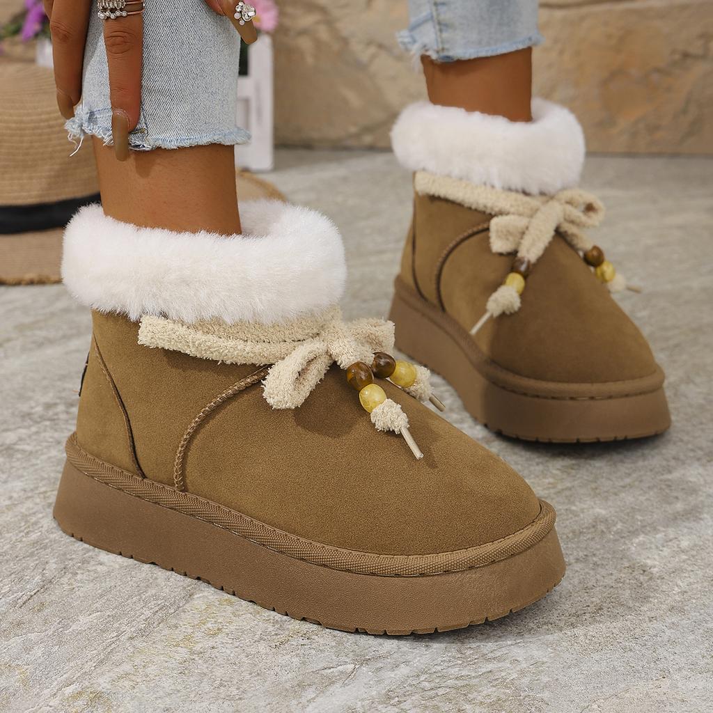 Fashion Women's Thick Bottom Furrry Snow Boots Winter 2025 Lacu Up Bowknot Fur Ankle Boots Warm Short Plush Designer Shoes for Woman